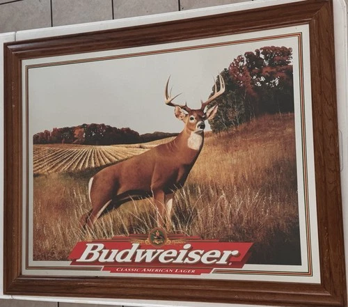 VINTAGE 1997 LARGE BUDWEISER BEER WHITETAIL DEER MIRROR SIGN - 36" X 28" 🍻
