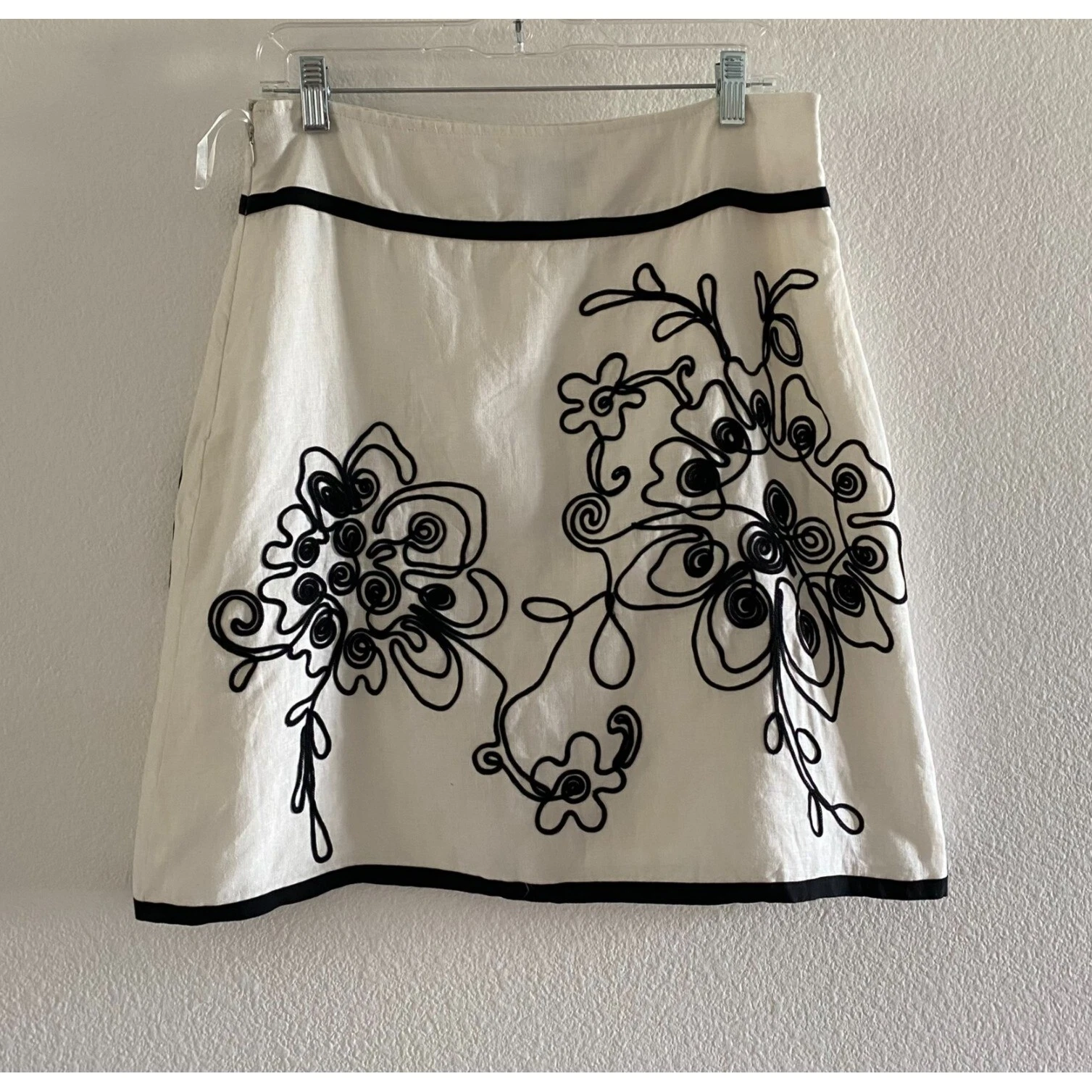 Camille La Vie Womens Ivory Linen Floral Soutache Embroidered A-Line Skirt Siz 8