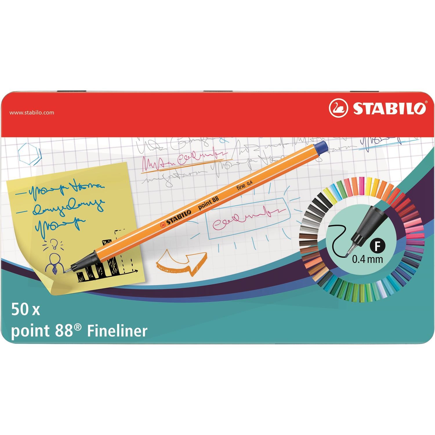 Stabilo point 88 boîte métal 50 stylos-feutres fins pour éviter les ratures et bavures