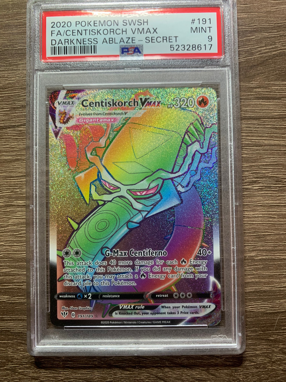 Centiskorch VMAX (Secret) 191/189 Swsh03: Darkness Ablaze Holo PSA 9 Mint