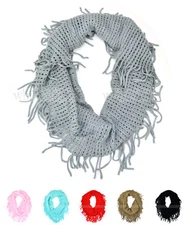 Solid Knit Infinity Winter Scarf Tear Drop Fringe Elastic Fishnet Circle Loop