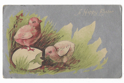 ANTIQUE POSTCARD: A HAPPY EASTER TWO LITTLE CHICKS HATCHING FROM EGG