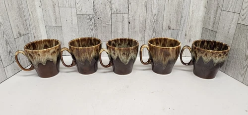 5 Vintage USA Brown Drip Glaze Tapered Coffee Mug Cup Pottery Retro