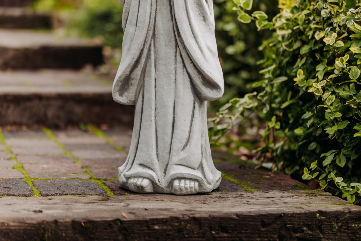 Statue Bouddha Moine Riant 23cm Gris - Pierre Coulée Résistante Au Gel 8kg