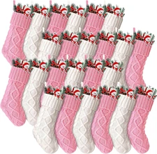 24 Pcs Pink White Christmas Stockings 8.3 Inch Mini Xmas Stockings Bulk Knitted