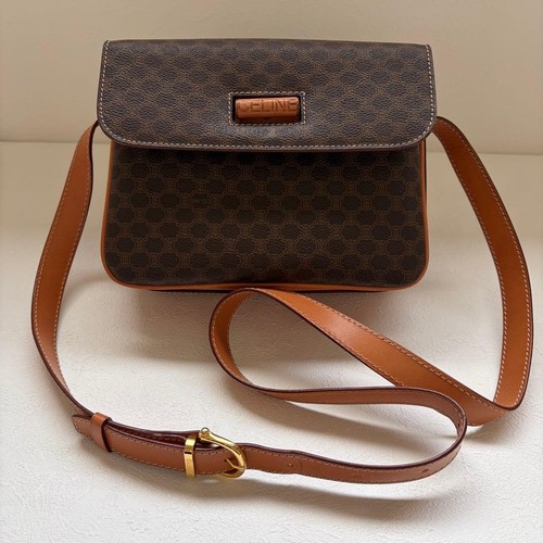 Celine Macadam Shoulder Bag Brown Leather Gold Hardware 8.3x6.7x3.1 in