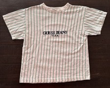 Vintage GUESS Jeans USA Pinstripe T-Shirt Made In USA Embroidered *Stains*