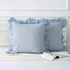 Blue White Plaid Euro Pillow Shams 2 Pack Ruffle Pillowcases,Shabby French