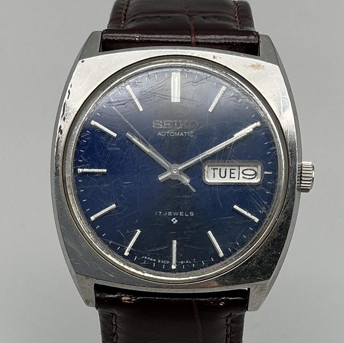 Vintage Seiko Automatic 6309-8089 Mens Watch 35mm Blue Dial Day