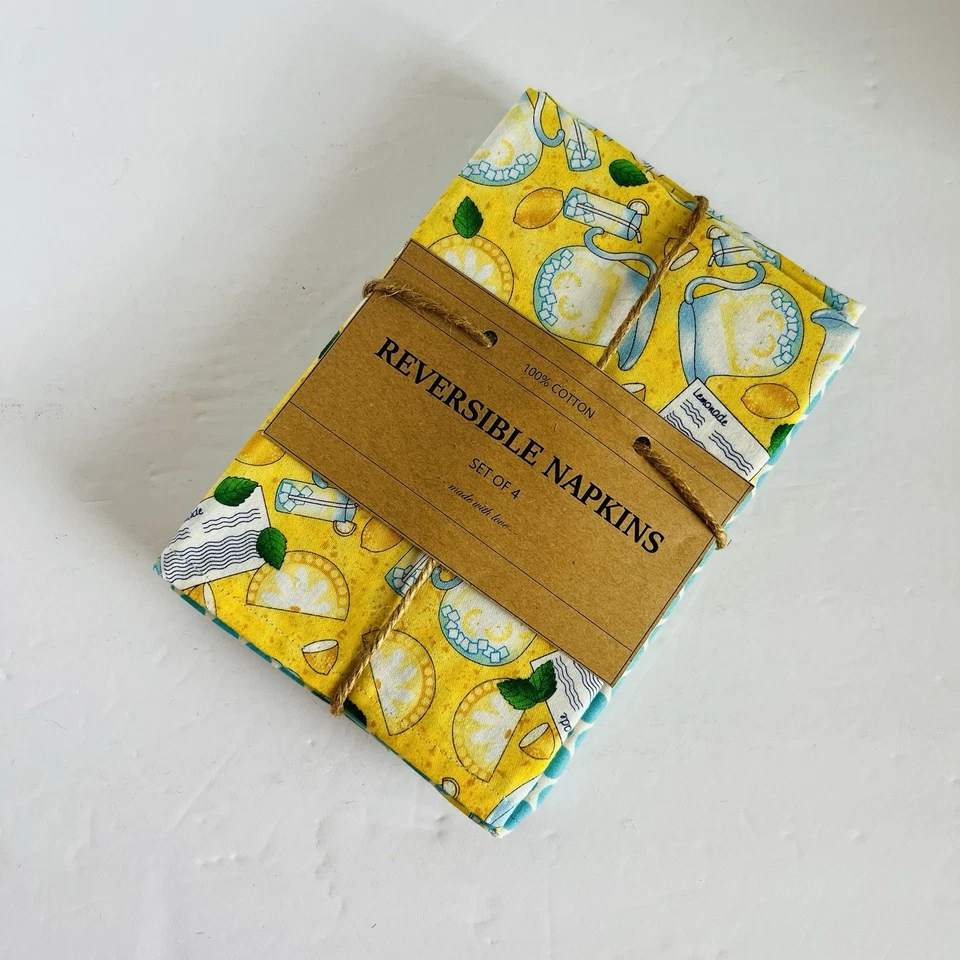 4件套手工100%纯棉双面餐巾柠檬水蓝色圆点 — 第 2/4 张图片