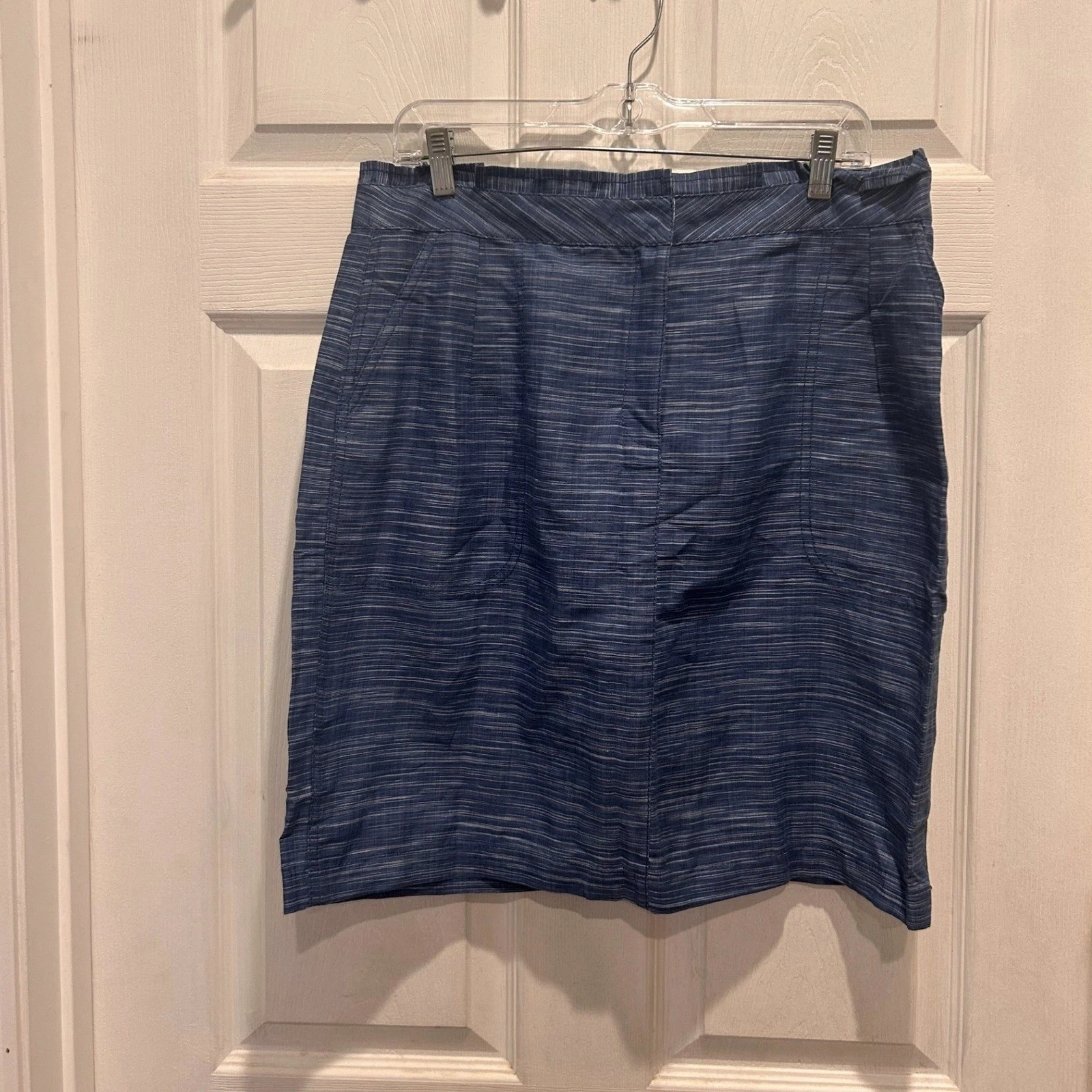 J.Crew Blue Linen Cotton Pencil Skirt Size 14 Back Zip Pockets Coastal Classic