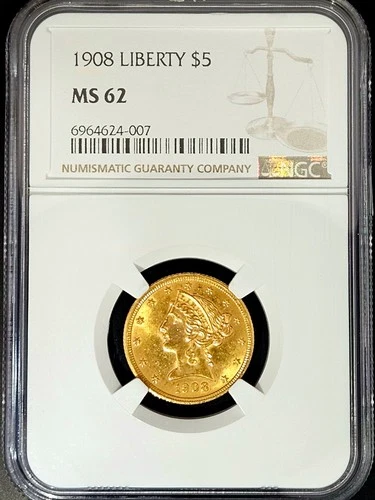 NGC MS62 1908 Liberty $5 Gold Eagle 0.2419 Oz Gold US Coin 6964624-007