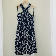 Ann Taylor Dress Womens 12 Blue White Pineapple Embroidered Crossover Halter