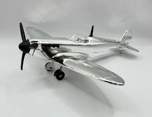 Vintage Dinky Toys Spitfire MkII Plane Chrome Finnish Model on wheels