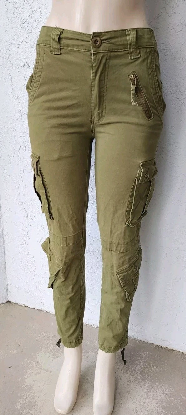 Mustway Cargo Pants Women Size 26 Green Cotton Straight Leg Pockets