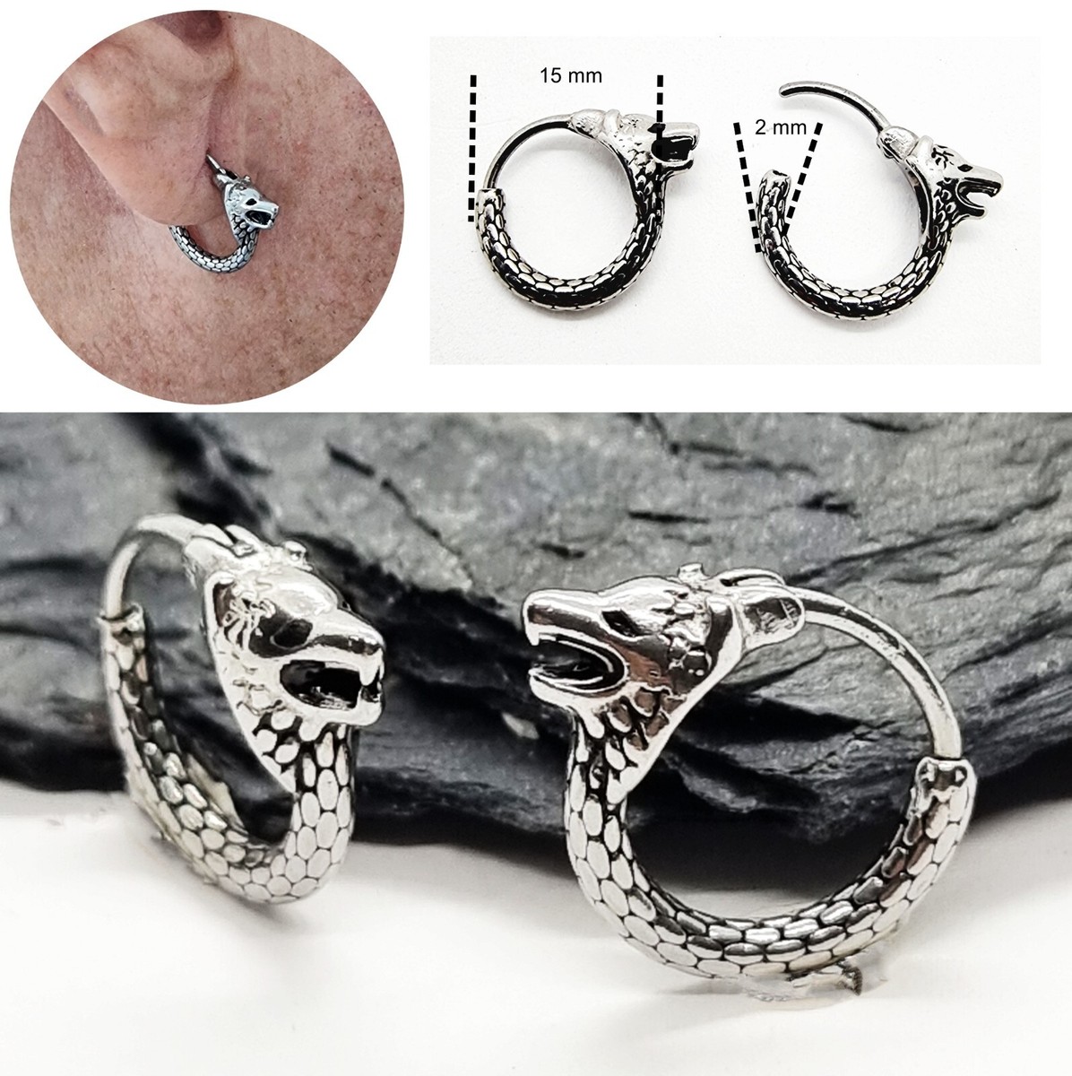 Orecchini Uomo Supcare - Acciaio Inossidabile, Design Vichingo Martello Di Thor/Lupo, Argento/Nero/Oro - Foto 8