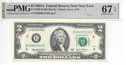 2003A New York $2 FRN Harder to find BD Block PMG 67 EPQ Superb Gem Uncirculated - 第 1/2 張圖片