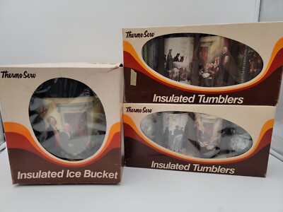 VINTAGE SET ICE BUCKET & INSULATED TUMBLERS THERMO SERV FREEDOM NEW!! C0