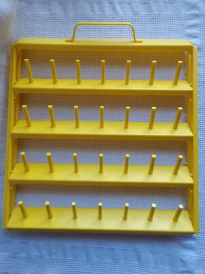 Vintage Sewing Spool Thread  Holder Yellow Plastic Folding w/ Handle 28 Slots
