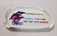 Vtg White Rectangle Melamine Ashtray Friend Went Vacation Lousy Ashtray Dolphins