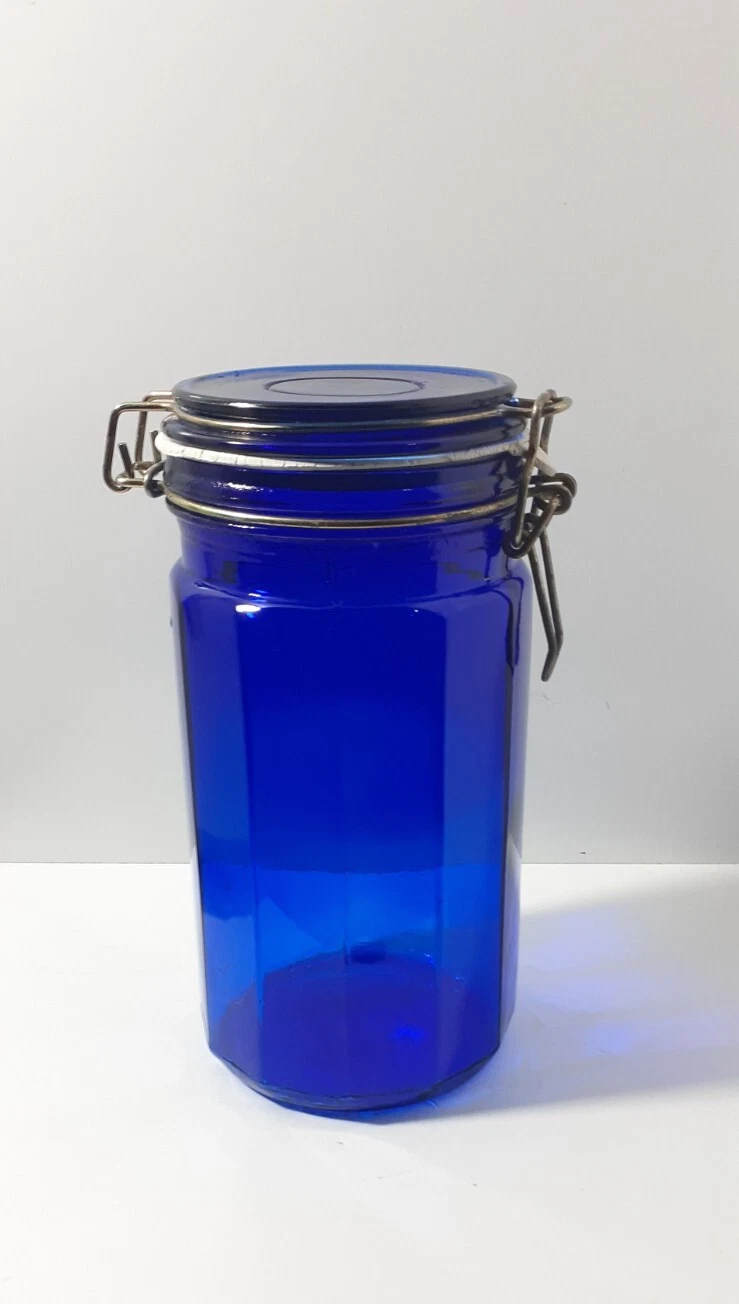 Vintage Cobalt Blue Glass 12 Panel Canister Jars with Wire Bail Hinged Lid- 8" H
Opens in a new wind