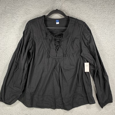 Old Navy Black Popover Blouse Lace Up Small With Tags Lagen Look Goth Witch