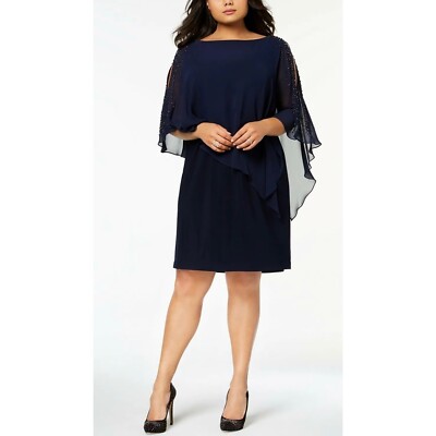 Xscape Plus Size Beaded Chiffon Popover Boat Neckline Dress Navy 22W | eBay