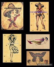 Bundle of FIVE Ladies Set 2 VINTAGE TATTOO Flash Sheets Tattoo Prints