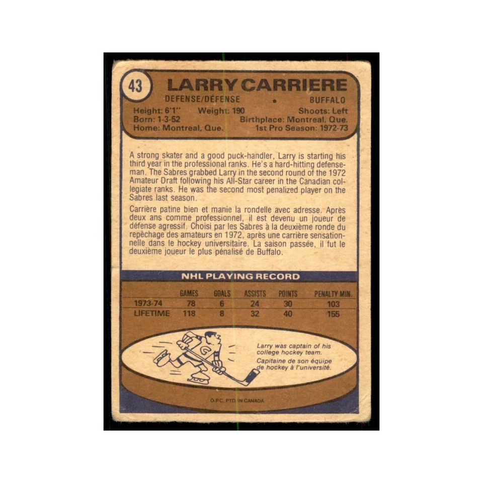 1974 O-Pee-Chee Larry Carriere (Damaged) Buffalo Sabres #43 - Image 2 of 3