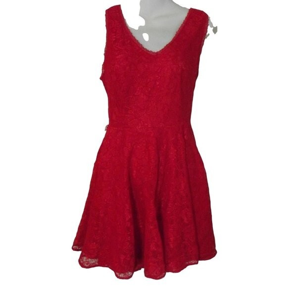 express red lace dress Express Dress Sz 2 Red Lace Double V-Neck Fit&Flare Sleeveless valentine NO  BELT