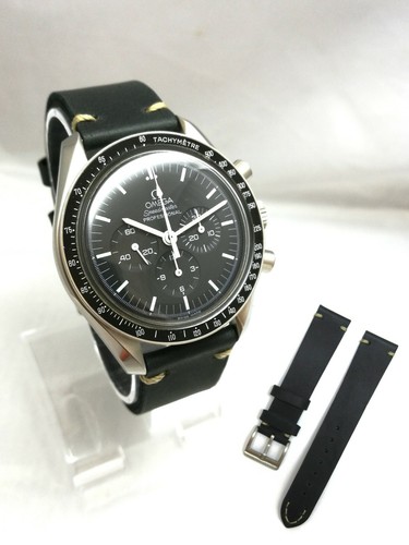 Vintage con Cinturino in vera pelle nera con cucitura per Omega Speedmaster  | eBay