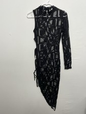 Laqueen Women’s Size S One-Sleeve Black Asymmetrical Mesh Dress (A165)””!,