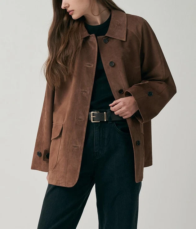 Womens Oversized Brown Suede Trucker Jacket Size XS S M L XL XXL 3XL