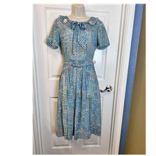 Floral A-Line Pleated Belted Boat Neck Dress Size 8 Blue Pink Union Labor Retro