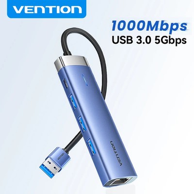 Vention USB 3.0 Hub Ethernet Adapter 1000Mbps RJ45 3-Port 5Gbps Aluminum