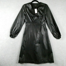 Banana Republic Dress Womens 2 Black Faux Leather Wrap V Neck Long Sleeve Knee