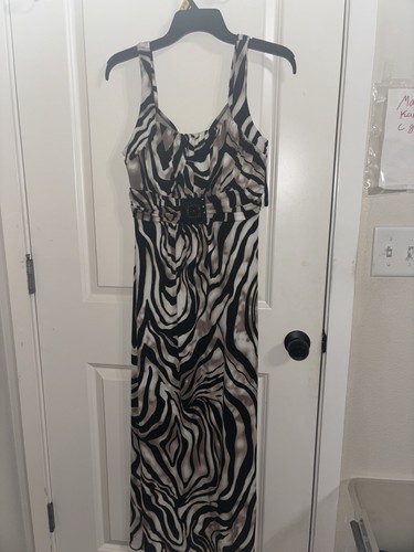 Zebra Print Sleeveless Maxi Dress Scoop Neck Beaded Buckle Black Beige White