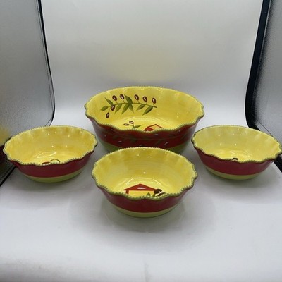 Temptations by Tara Cucina Salad/Pasta 4pc Bowl Set Scalloped Olives/Cheese EUC
