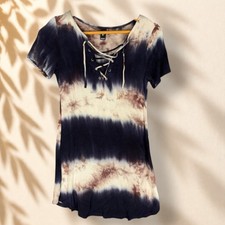 Windsor Mini Dress Women S Small Blue Tie Dye Short V-Neck Tasseled Short Sleeve