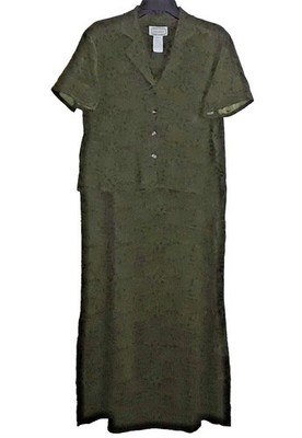Jane Ashley Dress Size L Maxi Built-in Short Sleeve Shirt Side Slit Modest Green