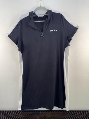 DKNY Sport Dress Black White Logo 1/4 Zip Stretch T Shirt Dress Size L
