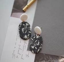 Polymar Clay Earrings-white Black Print Handmade Earrings/gift For Her New