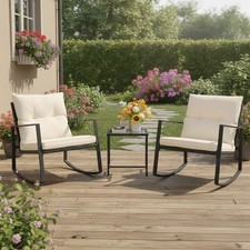 3 Piece Outdoor Rocking Bistro Set Black Wicker Furniture Porch Chairs Conver...
