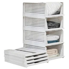 Folding Wardrobe Storage Box 4-Pack Plastic Drawer Organizer Stackable Shelf ...