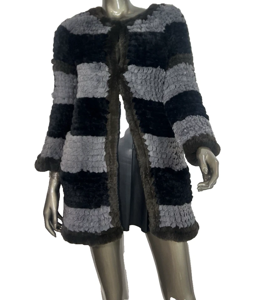 Fur Knitted Cardigan Womens Small Gray & Black Stripe Faux Fur Jacket Love Token - Image 2 of 4