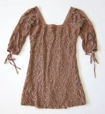 Solitaire Ravi Khosla Brown Crochet Lace Square Neck 3/4 Sleeve Tunic Dress M