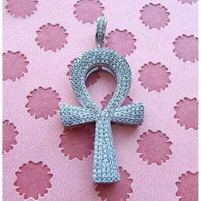 3Ct Round Cut Real Moissanite Ankh Cross Pendant 14K White Gold Plated 18'' Chain
