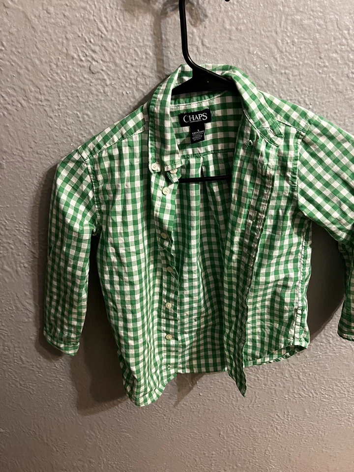 Chaps Plaid Shirt Boys Size 5 Long Sleeve Button Front Green White Plaid - Image 2 of 4