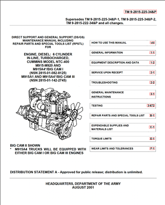 940 page TM 9-2815-225-34&P CUMMINS NTC-400 I6 BIG CAM Engine