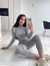 Ladies Two Piece LoungeWear Tracksuit Set Frill Gold Button Fine Knit Rib Jumper